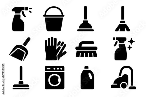 Vector icons representing various cleaning tools and supplies for household chores and maintenance tasks
