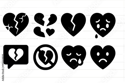 Symbols representing heartbreak and emotional distress used in digital communication and design for expressing feelings