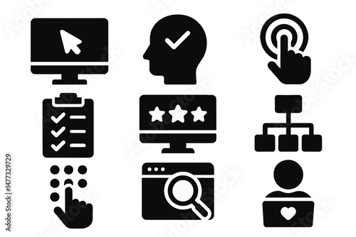 Vector icons depicting various digital activities including selection, evaluation, and navigation in an online environment