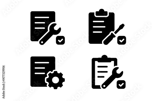 Vector icons of tools and checklists representing tasks and maintenance activities for various projects
