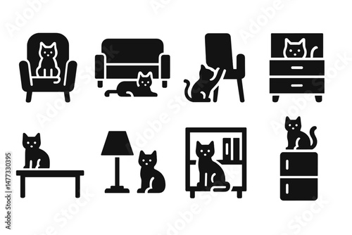Stylish vector icons depicting various cat poses around furniture and household items in a playful manner