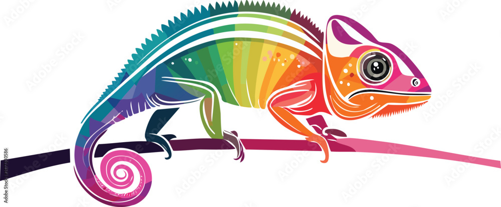 Fototapeta premium Chameleon with Vibrant Color Transitions Vector - Isolated Reptile Camouflage Art - Psychedelic Wildlife Illustration - Morphing Skin Gradient - Tropical Lizard Graphic