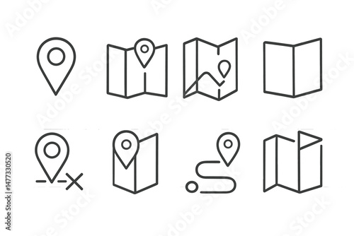 Vector icon set featuring various map and location markers designed for navigation and mapping applications