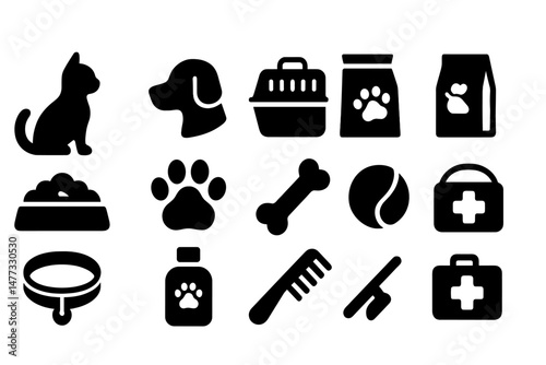 Collection of vector icons depicting pets and pet care items in simple black design for digital use and print projects