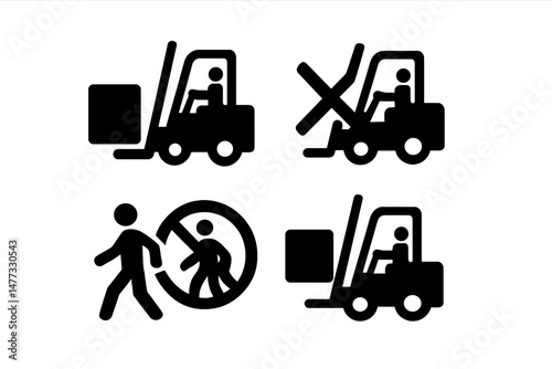 Safety icons display forklift operation guidelines in a warehouse setting during business hours
