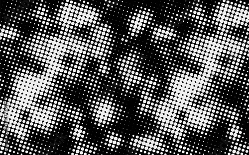 Grunge halftone gradient background. Faded grit noise texture. White and black sand wallpaper. Retro pixelated backdrop. Anime or manga style comic