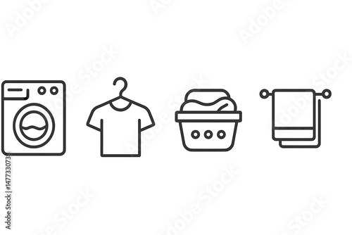 Vector icon set depicting laundry essentials including a washing machine, clothing hanger, laundry basket, and towel, perfect for household use