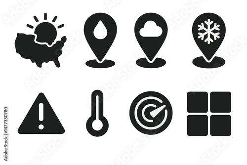 Weather and location vector icons illustrating sun, rain, cloud, snow, alert, thermometer, target, and grid patterns
