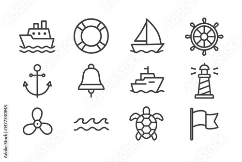 Nautical themed vector icons featuring ships, anchors, lighthouses, and marine life in a minimal design for various applications