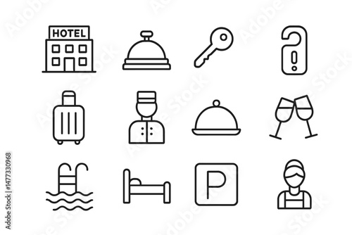 Hotel service vector icons for hospitality industry essential activities and amenities in a travel and accommodation context