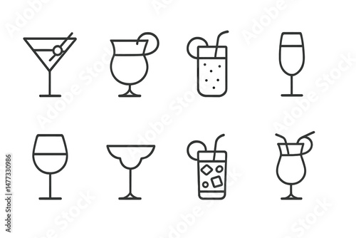 Variety of vector icons representing different types of drinks and cocktails in simple line design