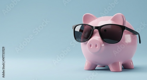 Piggy Bank with Sunglasses on Right with Left Copy Space. 8K Desktop Wallpaper. Generative AI