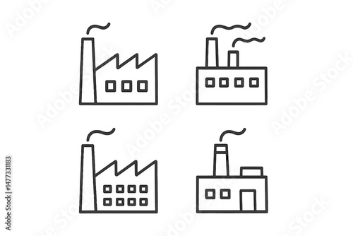 Vector icons representing different industrial factory designs in a minimalist line art style