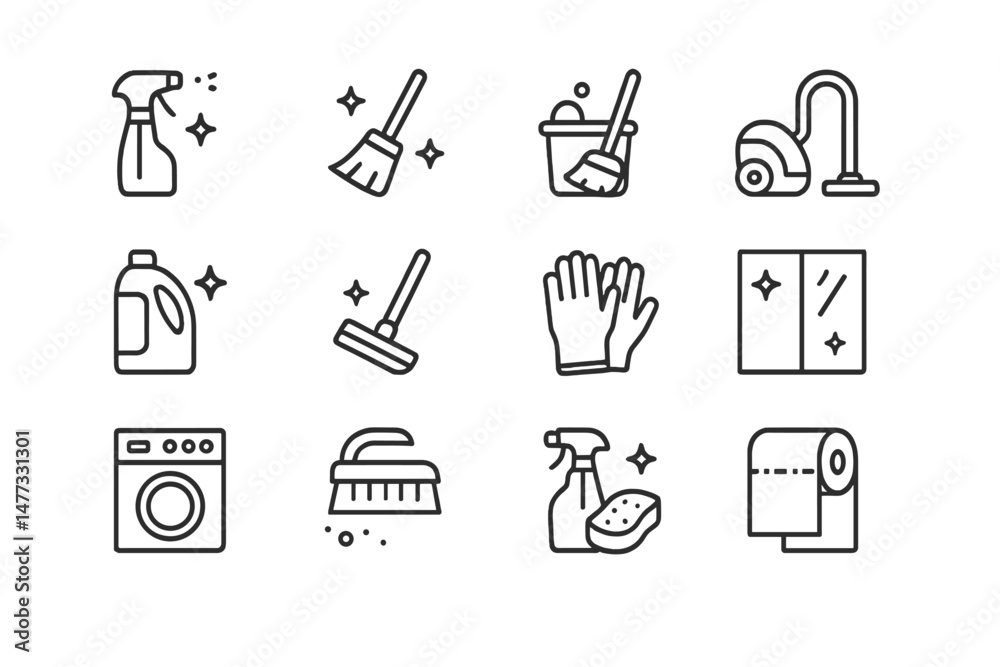 Vector icon set of cleaning tools and supplies for home maintenance and organization tasks suitable for various cleaning activities