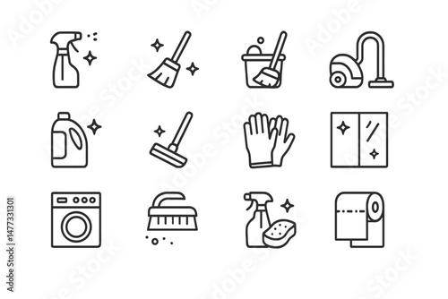 Vector icon set of cleaning tools and supplies for home maintenance and organization tasks suitable for various cleaning activities