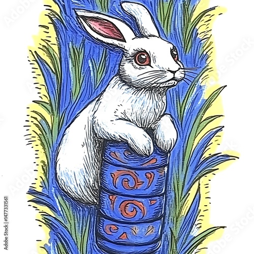 Artistic illustration of a white rabbit perched atop a stylized cylindrical object in a vibrant garden