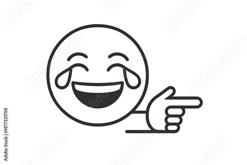 Vector icon depicting a smiling face with tears of joy and a pointing hand gesture illustrating humor and laughter