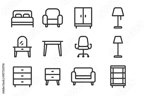 Vector icon set depicting various furniture items for home and office design