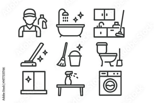 Household cleaning vector icon set featuring various cleaning tools and activities in a minimalistic style