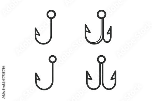 Vector icons of fishing hooks designed for displaying various styles and uses in fishing activities, suitable for apps and illustrations