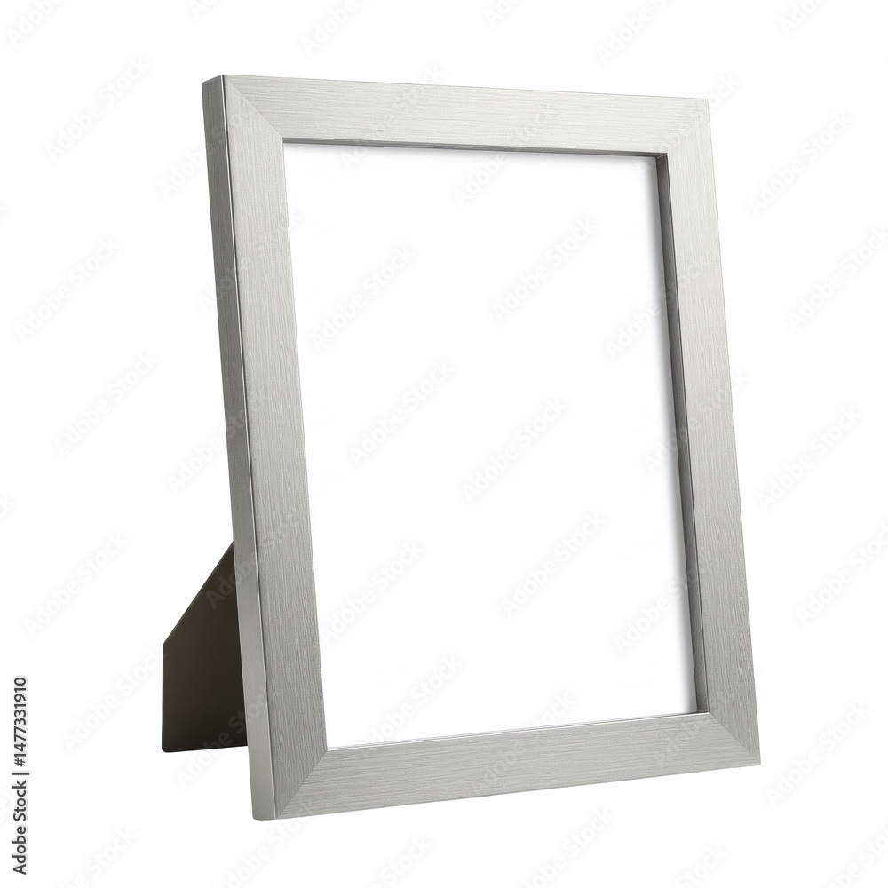 Fototapeta premium Elegant silver picture frame, portrait, blank center, subtle shadows, standing easel back