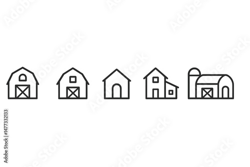 Collection of vector icons representing different styles of barns and farmhouses in minimalist design