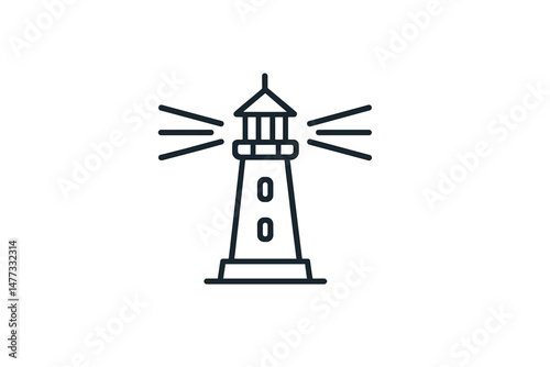 Vector icon of a lighthouse signaling at night with beams of light emanating from its structure in a coastal setting