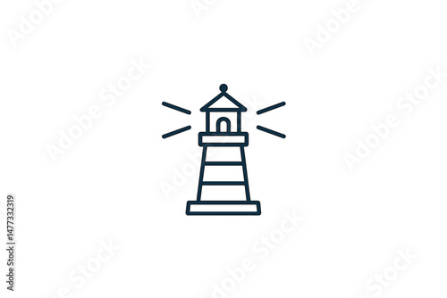 Vector icon representing a lighthouse with beacons illuminating the night sky for safe navigation at sea
