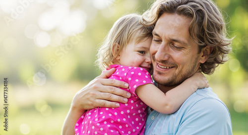 Man cuddling daughter close while smiling in a green outdoor park  