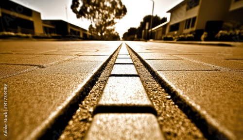 Low-angle view of a paved street, featuring a series of rectangular tiles, creating a detailed design in the middle of the road,