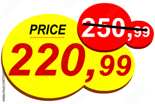 Price before 250.99 and after 220.99, discount and price sale tag, price tag, label, vector banner, special offer, vector illustration.