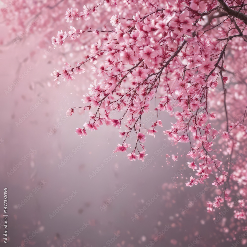 Fototapeta premium Mesmerizing pink sakura petal cascade, soft focus background, light, cherry, art