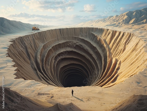 A deep, surreal hole in a sandy landscape creating a mesmerizing visual effect.