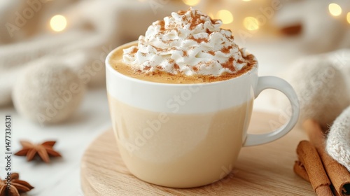 Coffee Mug with Whipped Cream and Cinnamon on Wooden Surface