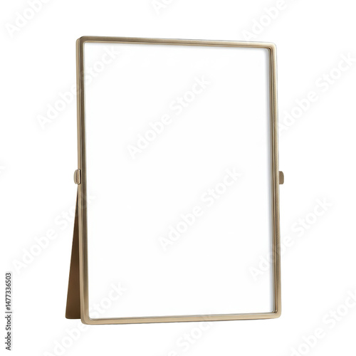 Blank white photo frame with gold-tone metal on dark background, standing upright for display