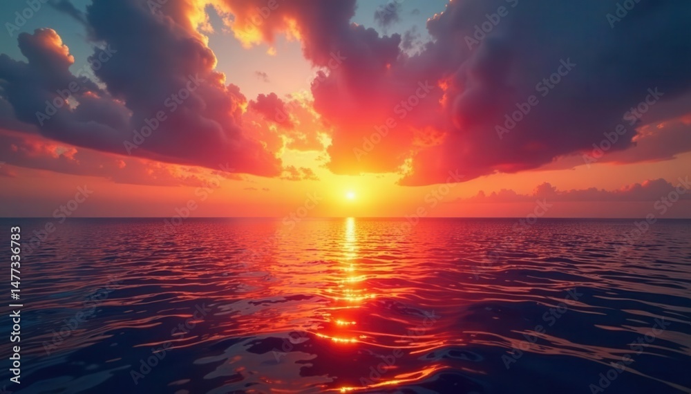Fototapeta premium Brilliant sunset casting long shadows on the tranquil sea, fiery sky mirroring the water , sky colors, afterglow, texture