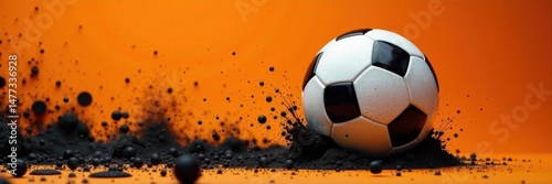 Close-up of soccer balls against bold orange and black splatters , design element, shape