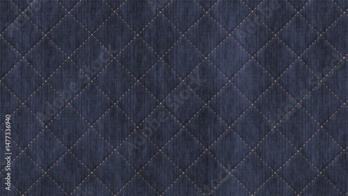 Close up of dark blue quilted fabric with diamond stitching pattern