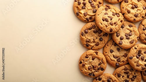 Chocolate Chip Cookies on Cream Background, sweet indulgence, baked goods,  sweet indulgence
