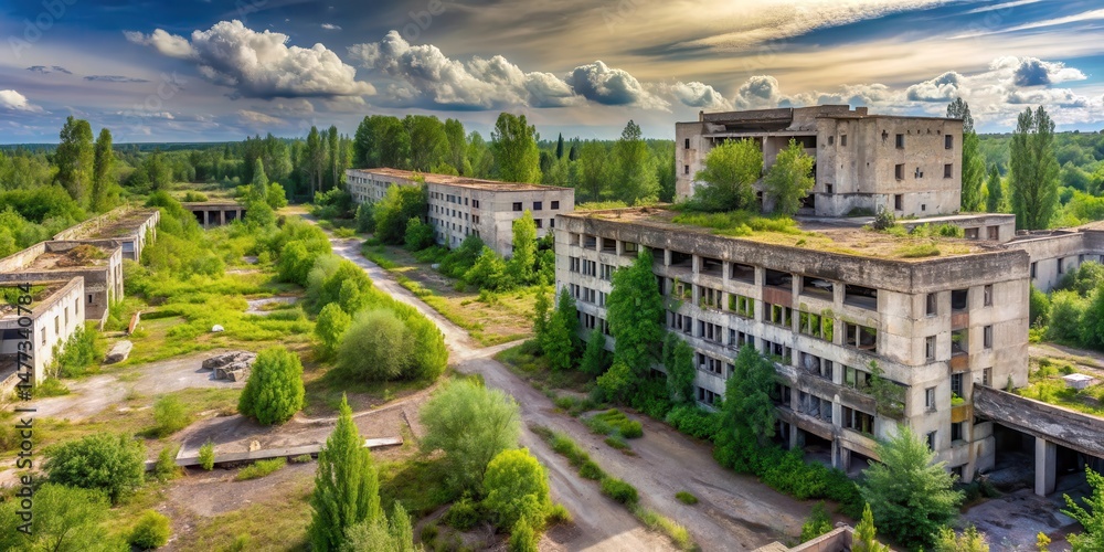 Fototapeta premium Derelict Soviet-era military base with crumbling concrete buildings and overgrown vegetation , Soviet Union, decay
