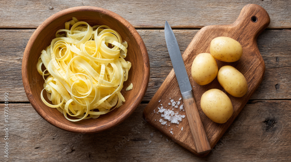 Fototapeta premium Rustic kitchen scene with peeled potatoes and knife on wooden table