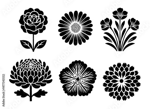 Floral illustration of various flowers in a bold black outline style showcasing garden beauty in a folk art inspired design
