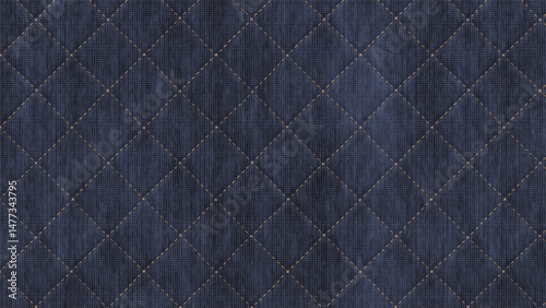 Close up of dark blue quilted fabric with diamond stitching pattern
