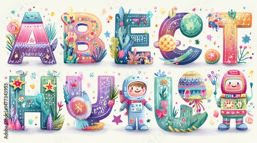 Colorful, playful letters with space theme.