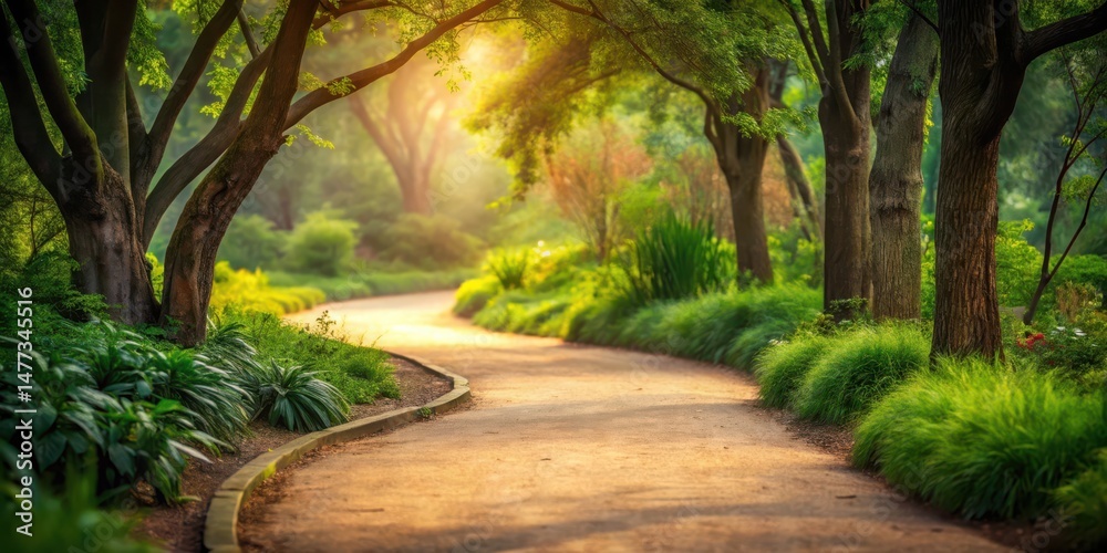 Fototapeta premium Serene Garden Path at Dawn A Gentle Curve Through Lush Greenery and Sunlight