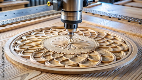 CNC routing machine cuts out a precise circle on an oak wood board with intricate details and fine finish , precision cutting, circle cut