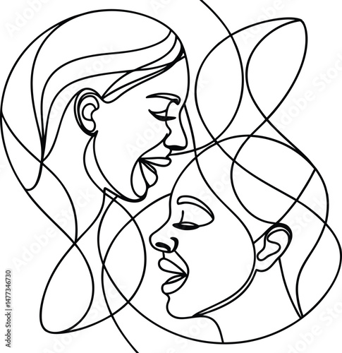 Two women faces in abstract line art expressing emotion and connection