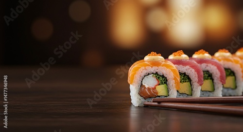 Japanese Sushi Roll with Chopsticks on Right Side and Left Copy Space. 8K Desktop Wallpaper. Generative AI