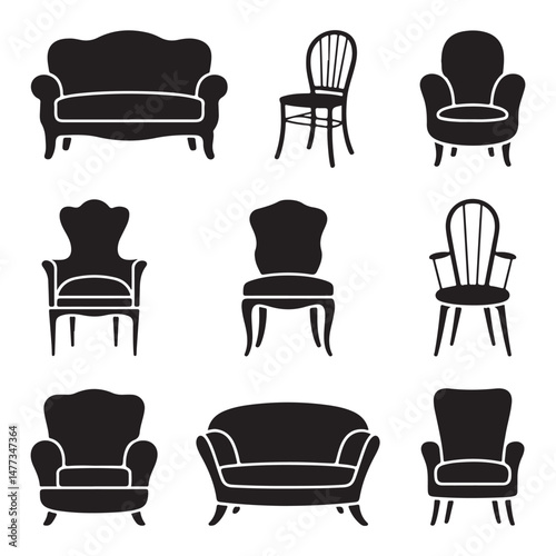 Set of Vintage and Modern Chair Illustrations in Black and White for Furniture Design and Home Decor