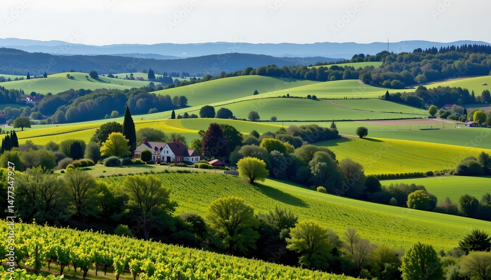 Obraz premium this is a tranquil rural landscape dominated by vast green fields that stretch towards rolling hills in the distance